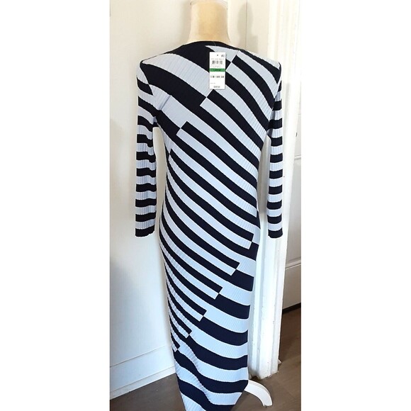 NWT Bar III blue striped ribbed bias sweater dress midi rayon sz L fitted - Picture 4 of 4